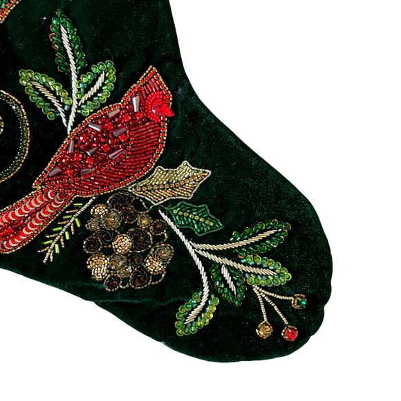 Neiman Marcus Embellished Green Velvet Christmas  Cardinal Stocking Holiday NEW - Picture 9 of 11